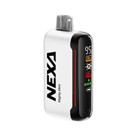 Front view of the NEXA N20000 Disposable Vape in Alabaster color, showcasing the groundbreaking 'Mega Screen' display and featuring the bold and invigorating minty goodness of the Mighty Mint flavor.