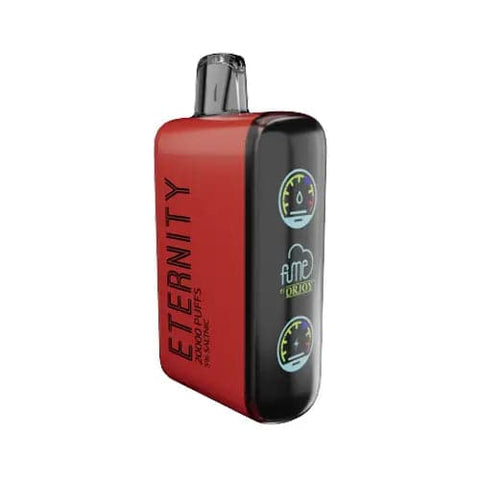 Dark Red Fume Eternity Disposable Vape with Mix Fruit Ice Flavor, 20,000 Puffs, 700mAh Battery, QR JOY Mesh Coil, 5% Nicotine, Digital Screen, and E-liquid Indicator.