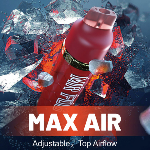Red mr fog vape with ice cubes and 'MAX AIR' text on a dark background
