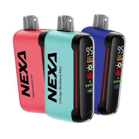Front view of the NEXA N20000 Disposable Vape 3 Pack Bundle, showcasing three sleek devices in Candy Pink, Mantis, and Blue (pigment) colors, featuring the innovative 'Mega Screen' display and a tantalizing assortment of flavors, including Watermelon Ice, Sour Apple Ice, and Triple Berry, allowing you to mix and match your favorites while enjoying significant savings.
