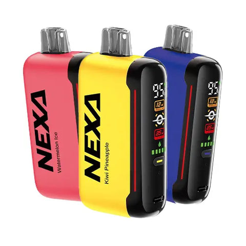Front view of the NEXA N20000 Disposable Vape 3 Pack Bundle, showcasing three distinct flavors: Strawberry Kiwi in a vibrant Mantis color, Mighty Mint in a sleek Alabaster color, and Peach Mango Watermelon in a playful Candy Pink color. The bundle features the innovative 'Mega Screen' display and allows for mixing and matching favorite flavors while enjoying significant savings.