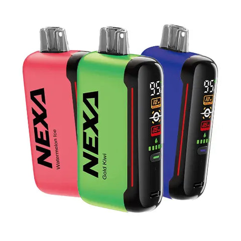 NEXA N20000 Disposable Vape 5 Pack Bundle, displaying a curated selection of 3 enticing flavors: Sour Apple Ice in a refreshing Mantis color, Triple Berry in a bold Blue (pigment) color, Gold Kiwi in a sophisticated Mantis color, Grape Burst in a striking Dark Cornflower Blue color, and Kiwi Pineapple in a lively Minion Yellow color.