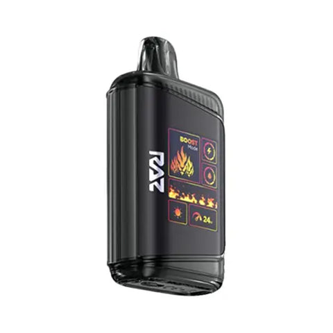 The rich black Raz DC25000 Disposable Vape showcases the Night Crawler flavor, featuring a luxurious genuine leather wrap and an advanced Mega HD Display screen for an unparalleled and intriguing vaping experience.