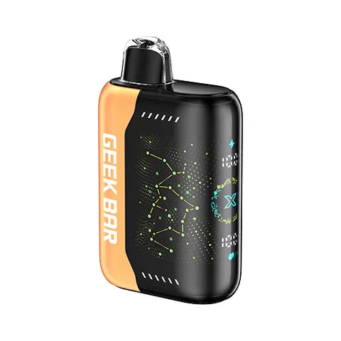Front view of a mellow apricot Geek Bar Pulse X 25K vape device showcasing its innovative 3D curved screen, featuring the irresistible Orange Fcuking Fab flavor.