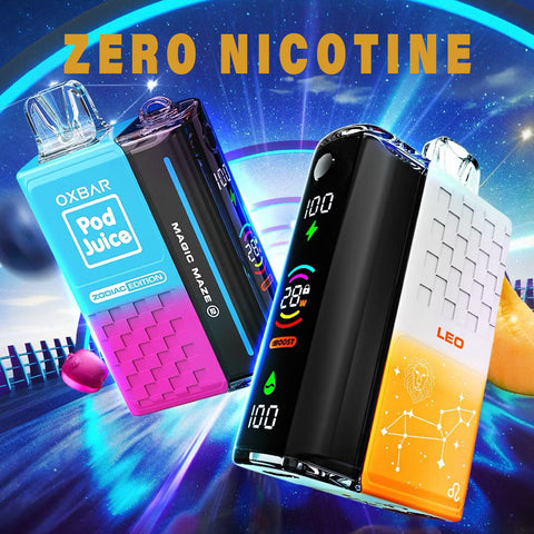 Oxbar Magic Maze 2 Zero Nicotine vapes with LED screen and colorful design on space background.