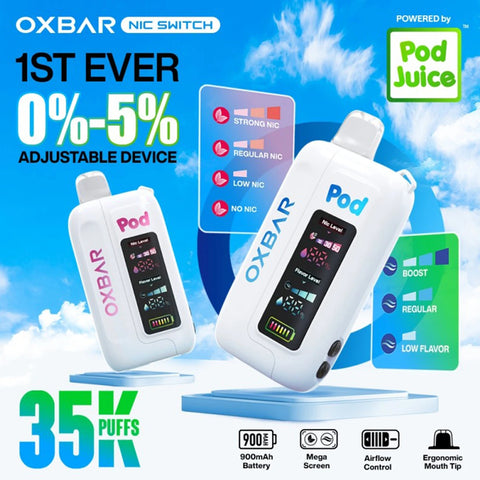 Oxbar X Pod Juice Nic Switch 35K Disposable with assorted candy and mint flavors
