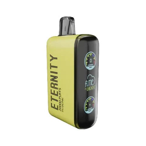 The front view of the innovative Fume Eternity disposable vape device is shown in a vibrant yellow color. This 20,000-puff vape features a large 18mL e-liquid capacity, a powerful 650mAh rechargeable battery, and a dual mesh coil system for enhanced flavor delivery. The device display prominently showcases the "Peach Banana" flavor, providing a tantalizing preview of the tropical delight awaiting users.