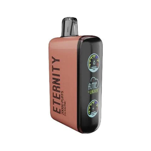 Front view of the Fume Eternity Disposable Vape in a vibrant pink shade, featuring the exclusive Peach Watermelon Berry flavor. Showcasing its sleek design and hinting at its robust 650mAh rechargeable battery, 18mL e-liquid capacity for up to 20,000 puffs, and the innovative QR JOY Mesh Coil technology for consistent flavor.