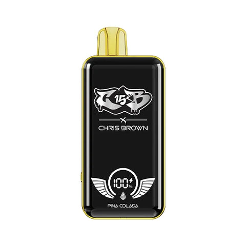 Front view of the maize-colored Chris Brown CB15K Vape in Pina Colada flavor, highlighting its sleek design, unique display screen, and advanced features for a delightfully tropical vaping experience.