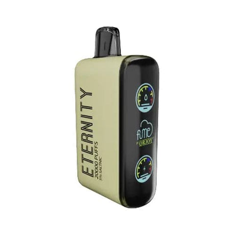 Front view of the light yellow Pineapple Ice flavored Fume Eternity 20000 disposable vape, showcasing innovative design with 18mL e-liquid capacity, QR JOY Mesh Coil for enhanced flavor, and a 700mAh rechargeable battery.