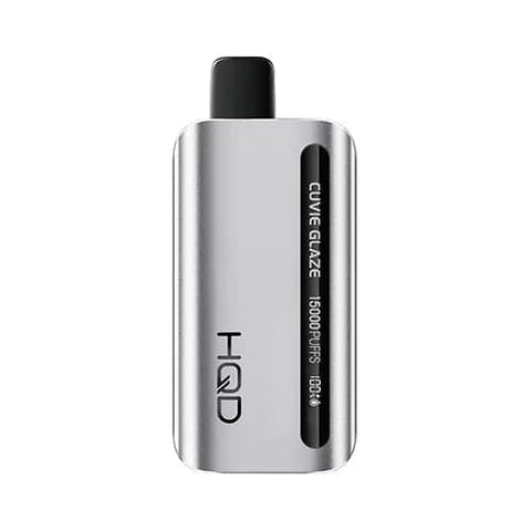 HQD Glaze 15000 Vape in silver color with LED display showing battery and e-liquid percentage. The Pineapple Strawnana flavor offers a sophisticated and discreet design, featuring a 7-12W power range, 1.3 ohm resistance, and mesh coil technology for a smooth and indulgent tropical vaping experience.