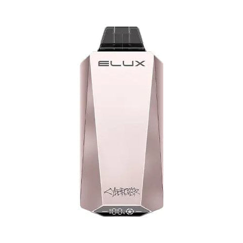 Elux Cyberover 18000 US Edition Vape in stainless steel and pink rose metallic color, showcasing a sharp, sleek, and luxurious exterior that can withstand heavy usage and occasional drops. The futuristic and minimalistic elements, such as the brand's logo on the top and the "CYBEROVER" graffiti on the bottom, reflect the "CYBER" aspect of its branding in a semi-professional and hipster-looking way, evoking the TESLA Cybertruck.