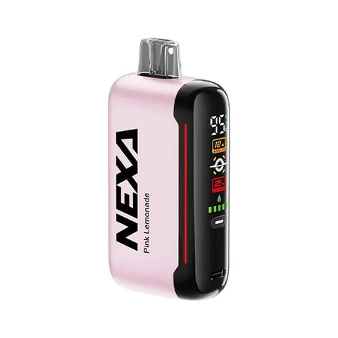 Front view of the NEXA N20000 Disposable Vape in Queen Pink color, showcasing the cutting-edge 'Mega Screen' display and featuring the tangy and slightly sour pink lemonade with a hint of sweetness in the Pink Lemonade flavor.