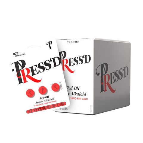 Press'd 7-Hydroxymitragynine Red-OH Pseudo 18mg tablets offering potent and convenient kratom use.