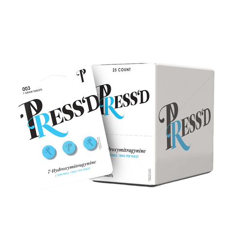 Press'd 7-Hydroxymitragynine Blue Tablets 18mg box with 25 blister packs.