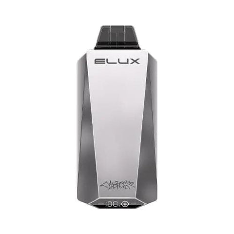 Elux Cyberover 18000 US Edition Vape in stainless steel and shiny silver metallic color, showcasing a sharp, sleek, and luxurious exterior that can withstand heavy usage and occasional drops. The futuristic and minimalistic elements, such as the brand's logo on the top and the "CYBEROVER" graffiti on the bottom, reflect the "CYBER" aspect of its branding in a semi-professional and hipster-looking way, evoking the TESLA Cybertruck. 