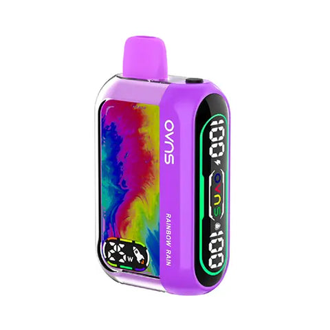 Front view of the Medium orchid OVNS Dream 25K Vape in Rainbow Rain flavor, showcasing its sleek design, easy-to-read dual screens with battery life, e-liquid level, and wattage indicators, and advanced features for a truly unique and unforgettable vaping experience.