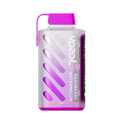 Raspberry Watermelon Vozol Gear Power 20000 disposable vape in a striking Demonic Purple design, showcasing a full-view display and protective mouthpiece lid. The device features advanced S.i.L.C Tech for smooth, consistent puffs and offers up to 20000 puffs with its 20mL pre-filled e-liquid and efficient dual mesh coils.