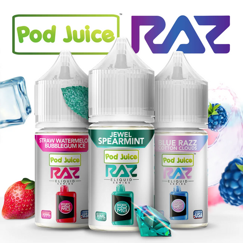 RAZ x Pod Juice Synthetic Salt 30ml bottle with 10 flavor options and nicotine strength variety.