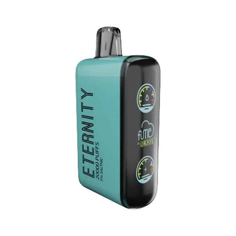 Front view of the FUME ETERNITY vape device showcasing its sleek, ergonomic design with the Refresh flavor prominently displayed. The image highlights the device's rechargeable aspect and its innovative dual mesh coil, set against a backdrop emphasizing its 18mL e-liquid capacity and 5% nicotine strength.