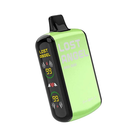 Front view of the Lost Angel Pro Max Vape in Tea Green color, highlighting the dual-screen display and sleek design of this disposable vape device filled with the exhilarating and refreshing Sour Apple Ice flavored e-liquid, perfect for a crisp and tart vaping experience.  Copy