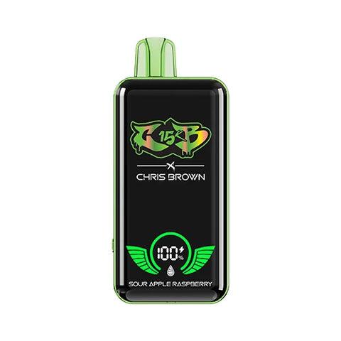 Front view of the pistachio-colored Chris Brown CB15K Vape in Sour Apple Raspberry flavor, highlighting its sleek design, unique display screen, and advanced features for a delightfully tangy vaping experience.