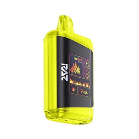The vibrant maximum yellow Raz DC25000 Disposable Vape showcases the Sour Apple Watermelon flavor, featuring a luxurious genuine leather wrap and an innovative Mega HD Display screen for a sleek and refreshing vaping experience.