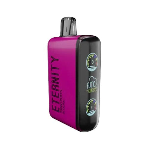 Front view of the Strawberry Banana flavored FUME ETERNITY vape, showcasing a sleek dark pink disposable device, emphasizing its large 18mL e-liquid capacity, and advanced dual mesh coil technology for an enriched vaping experience.