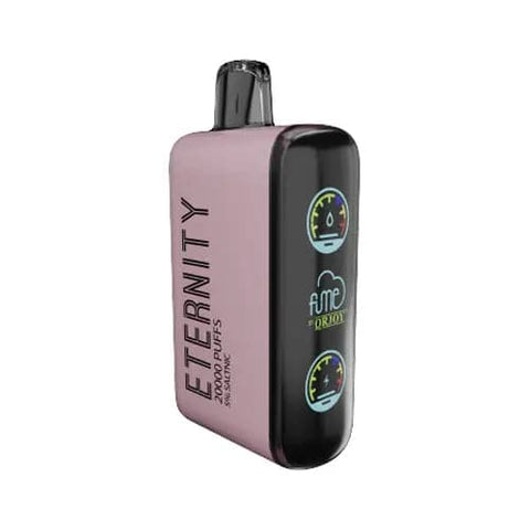 The image displays the sleek design of the Strawberry Kiwi Apricot Fume Eternity 20000, showcasing its light pink casing and highlighting the device's extensive 20000 puff capacity, 700mAh battery, and innovative QR JOY Mesh Coil system for enhanced flavor.