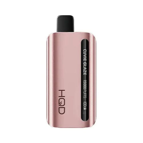 HQD Glaze 15000 Vape in silver light pink color with LED display showing battery and e-liquid percentage. The Strawberry Banana flavor offers a sophisticated and discreet design, featuring a 7-12W power range, 1.3 ohm resistance, and mesh coil technology for a smooth and irresistible fruity-creamy vaping experience.