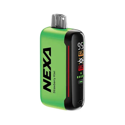 Front view of the NEXA N20000 Disposable Vape in Mantis color, showcasing the revolutionary 'Mega Screen' display and featuring the perfect blend of juicy strawberries paired with tangy kiwi in the Strawberry Kiwi flavor.