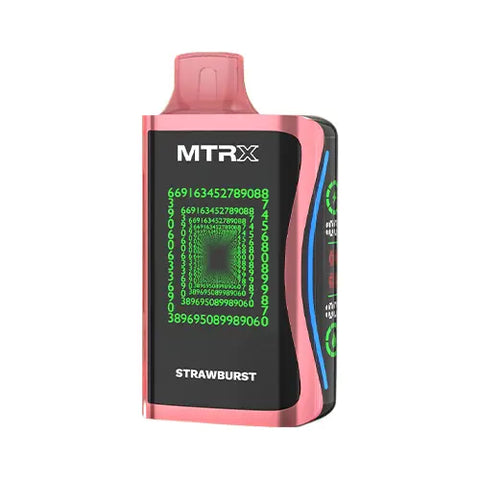 Front view of the vibrant pink MTRX MX 25000 disposable vape device in Strawburst flavor, showcasing a modern, cyberpunk-inspired design with a smart display for a futuristic and high-tech appearance.