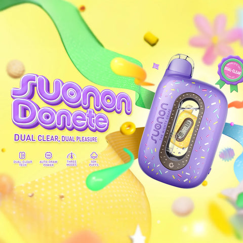 Suonon Donete 50K Puffs Disposable Vape by NEXA with LED screen, transparent tank, and donut-themed design