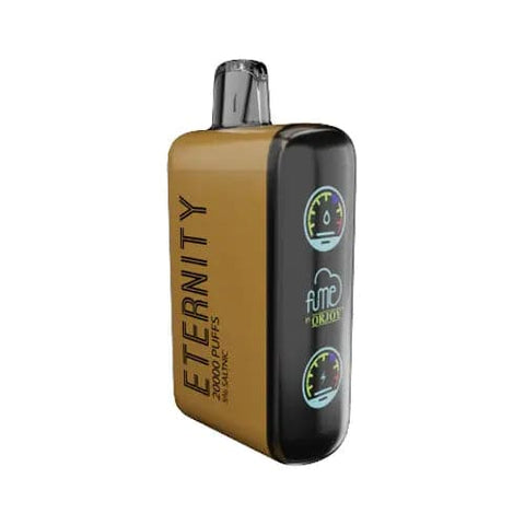 The front view of the Fume Eternity vape showcases its sleek leather exterior, highlighting the Tobacco flavor model. The device's notable features, such as its 700mAh rechargeable battery and dual mesh coil for superior flavor, are ingeniously integrated into this elegant and efficient disposable vaping solution.