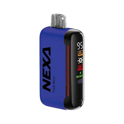 Front view of the NEXA N20000 Disposable Vape in Blue (pigment) color, showcasing the groundbreaking 'Mega Screen' display and featuring the irresistible combination of a trio of luscious assorted berries in the Triple Berry flavor.