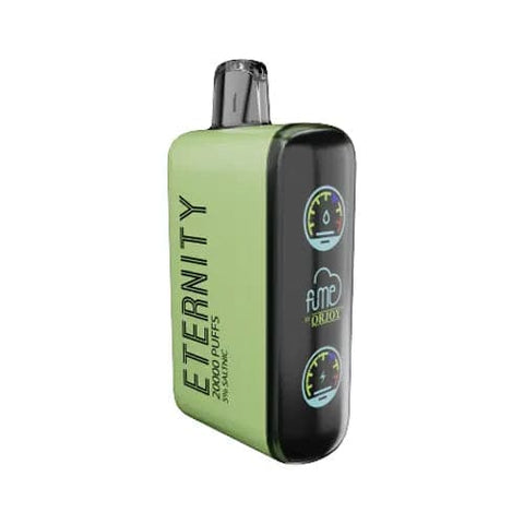 Front view of the innovative FUME ETERNITY vape device, showcasing a sleek green disposable vape with Tropicanna flavor. This high-performance vape features a rechargeable 650mAh battery, dual mesh coil technology, and a generous 18mL pre-filled e-liquid reservoir for enduring satisfaction.