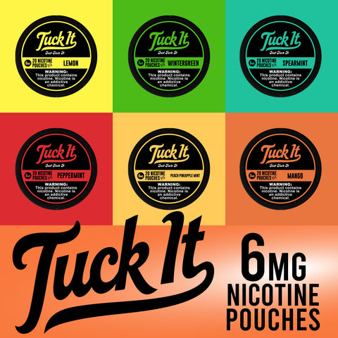 Tuck It Nicotine Pouches 6mg all flavors – Lemon, Wintergreen, Spearmint, Peppermint, Peach Pineapple Mint, Mango shown in color grid
