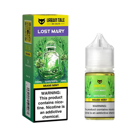 Urban Tale Nicotine Salt Vape Juice 30ml - Lost Mary Collaboration bottle with packaging box Miami Mint flavor