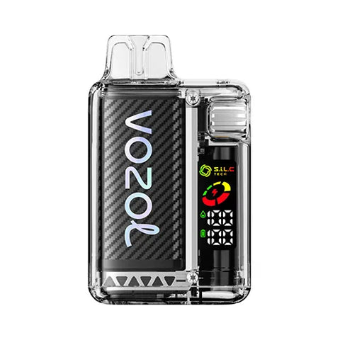 Front view of the FORTRESS GREY-colored Vozol Vista 16000 Vape in Vinicreme Tobacco flavor, featuring a transparent modern design with a smart display and 360° wattage adjustment gear for a personalized and indulgent vaping experience.
