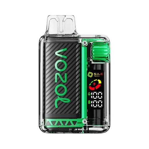 Front view of the GREEN INTOXICATE-colored Vozol Vista 16000 Vape in Watermelon Bubble Gum flavor, showcasing a transparent modern design with a smart display and 360° wattage adjustment gear for a personalized and playful vaping experience.