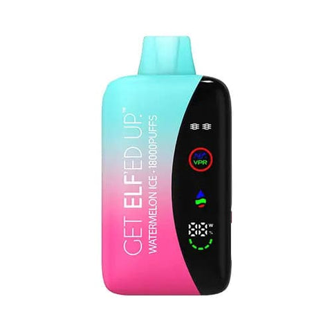 The front view of the innovative VPR GET ELF'ED UP vape is shown with a gradient of bright colors pink and light cyan, featuring Watermelon Ice flavor. With an 800mAh battery, USB-C rapid charging, and LED screen display, this vape delivers convenience and satisfaction.