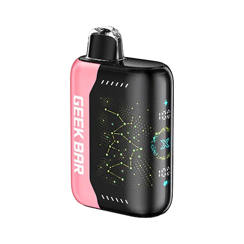 Front view of a light pink Geek Bar Pulse X 25K vape device showcasing its innovative 3D curved screen, featuring the refreshing Watermelon Ice flavor.