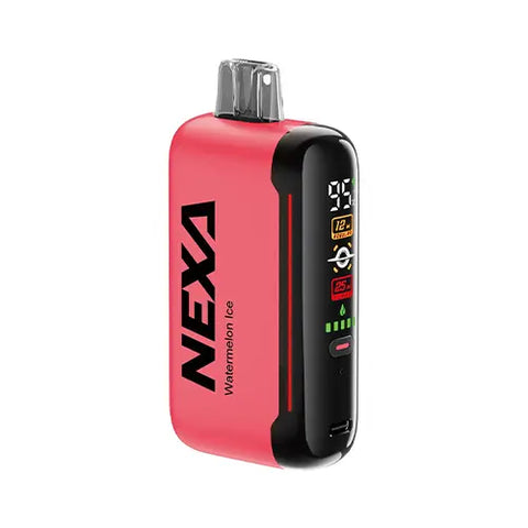 Front view of the NEXA N20000 Disposable Vape in Candy Pink color, showcasing the revolutionary 'Mega Screen' display and featuring the juicy, sweet taste of summer watermelons given a refreshing frozen menthol treatment in the Watermelon Ice flavor.