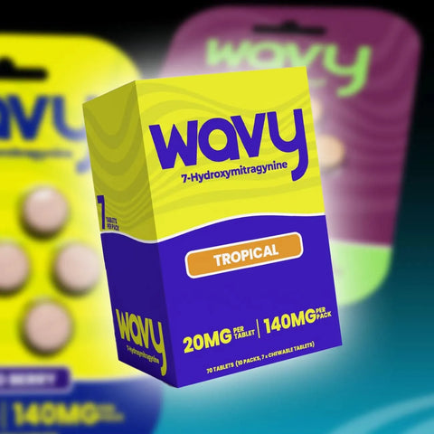 Wavy Kratom Tablet 20mg Tropical – chewable kratom tablets with tropical flavor for clean energy.