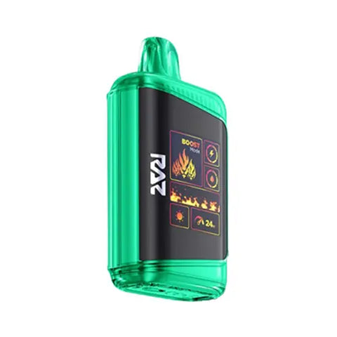 The striking turquoise Raz DC25000 Disposable Vape showcases the Wintergreen flavor, featuring a luxurious genuine leather wrap and an innovative Mega HD Display screen for a sleek and invigorating vaping experience.