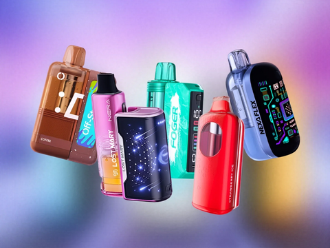 Best pod-based disposable vapes 2025 featuring Lost Mary NERA Fullview 70K, Off-Stamp X-Cube, Foger Switch Pro 30K, Romo Hex 50K, and NEXA Flex 40K on a gradient background.