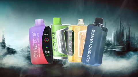 several high-capacity vapes, such as the Juicy Bar JB25000, the Viho Supercharge 20k, the VPR ELF'ED Up and the CZAR 15000, with more than 15,000 puffs with an abstract city in the background
