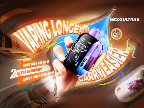 Promotional banner for the Nexa Ultra II 50,000 puffs disposable vape, featuring a hand holding the device with vibrant graphics