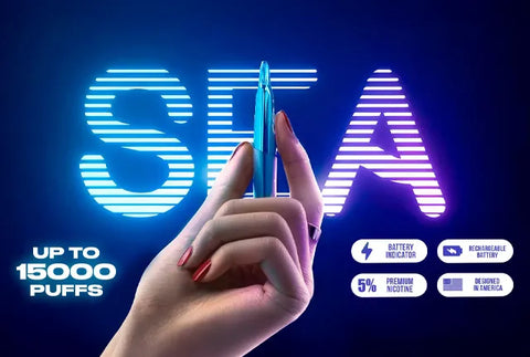 Colorful lineup of Sea XS 15000 disposable vapes – slim, compact, high-puff devices for everyday vaping
