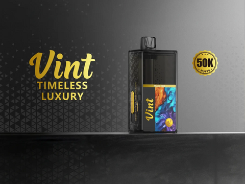 Vint 50K Disposable Vape featuring a holographic matte finish and clear e-liquid tank for a premium high-puff experience.